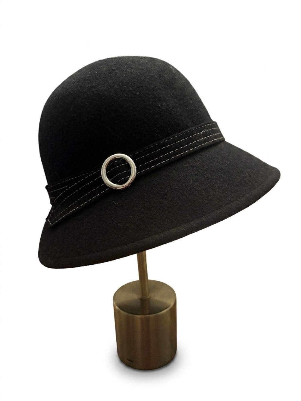 Black wool Women's Cloche Hat with Silver Ring Accent